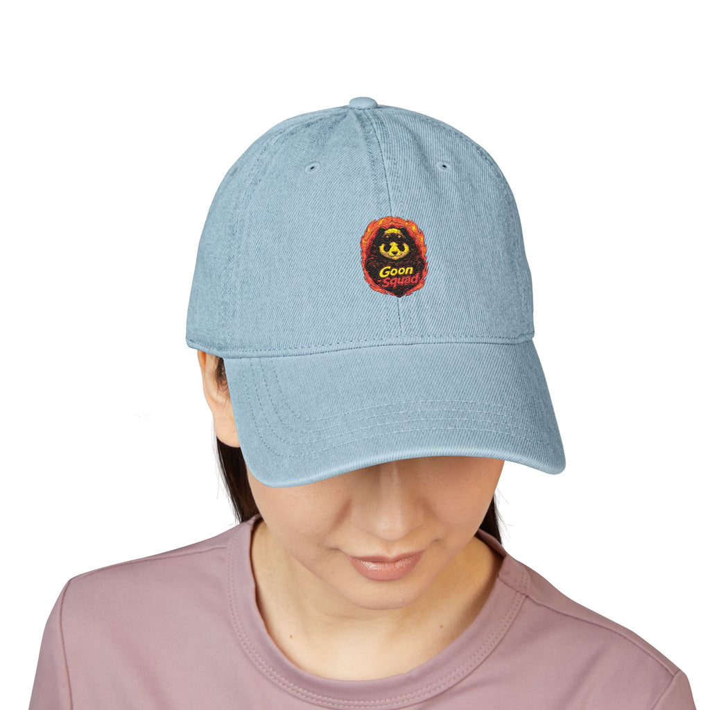 Embroidered Denim Hat — Retro Smiley Flame ‘Goon’ Adjustable Cap