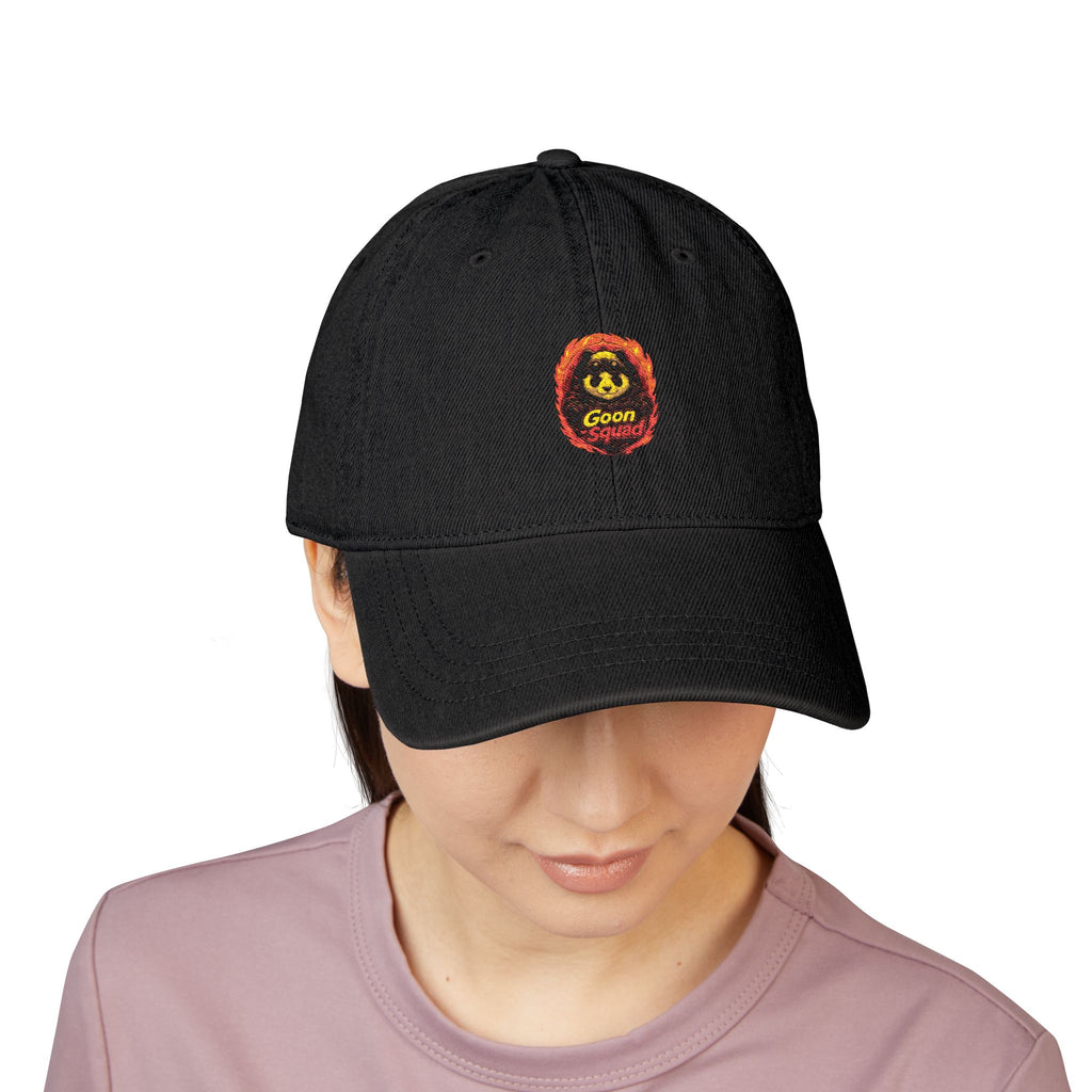 Embroidered Denim Hat — Retro Smiley Flame ‘Goon’ Adjustable Cap