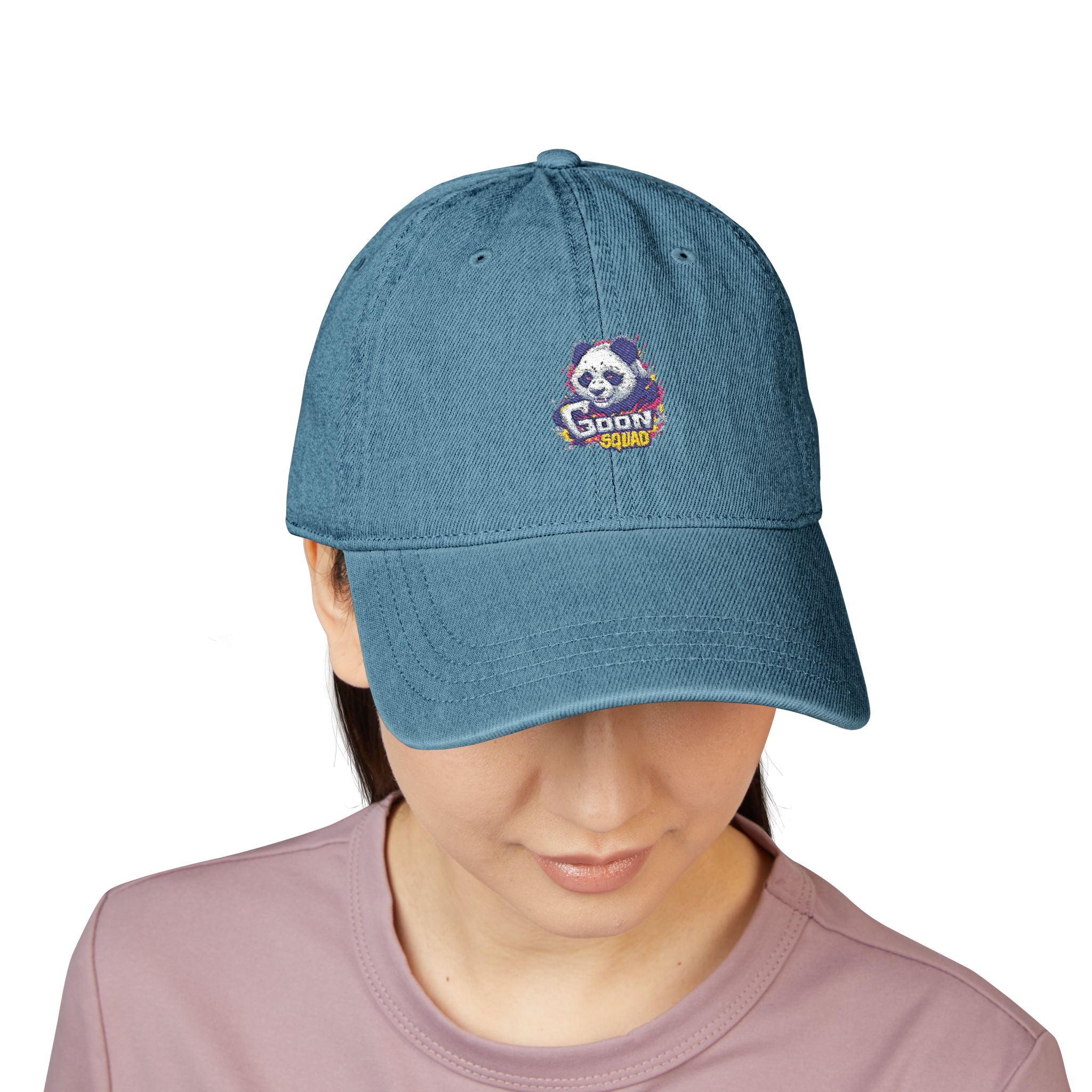 Embroidered Denim Hat — Retro Smiley Flame ‘Goon’ Adjustable Cap