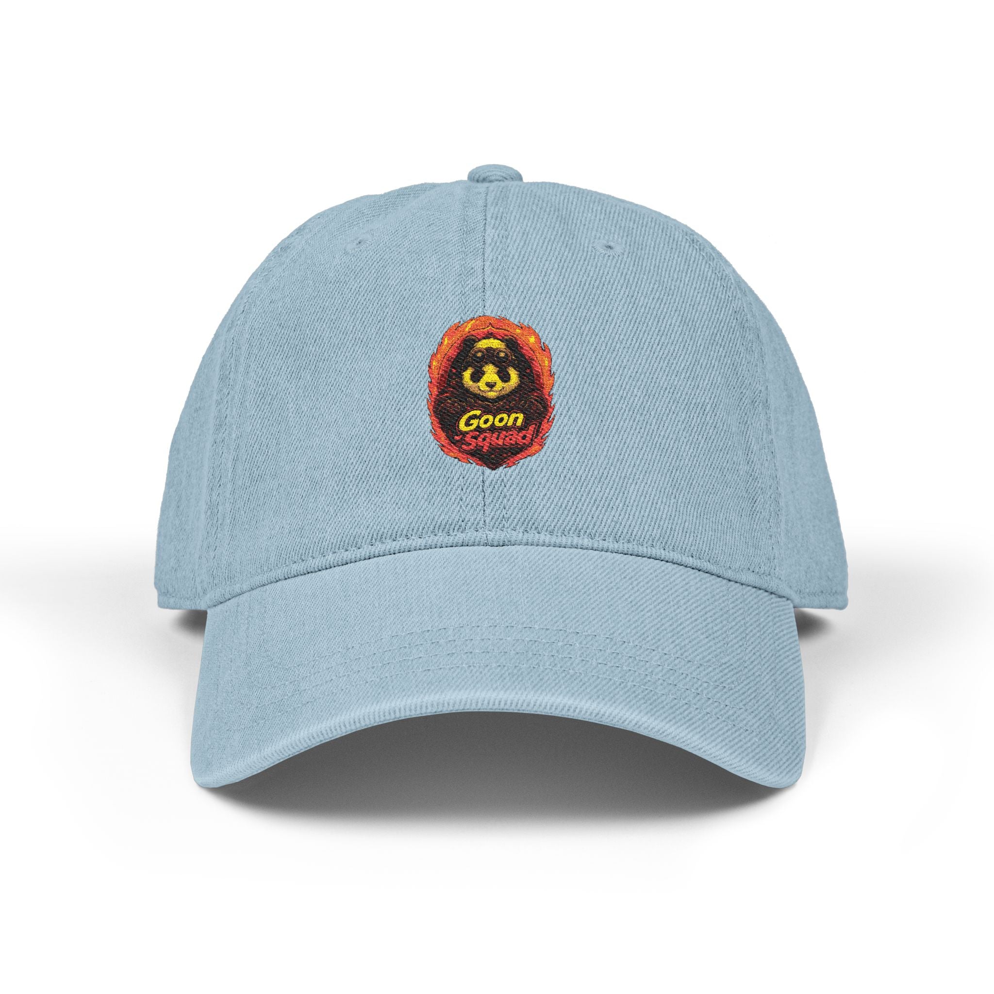 Embroidered Denim Hat — Retro Smiley Flame ‘Goon’ Adjustable Cap