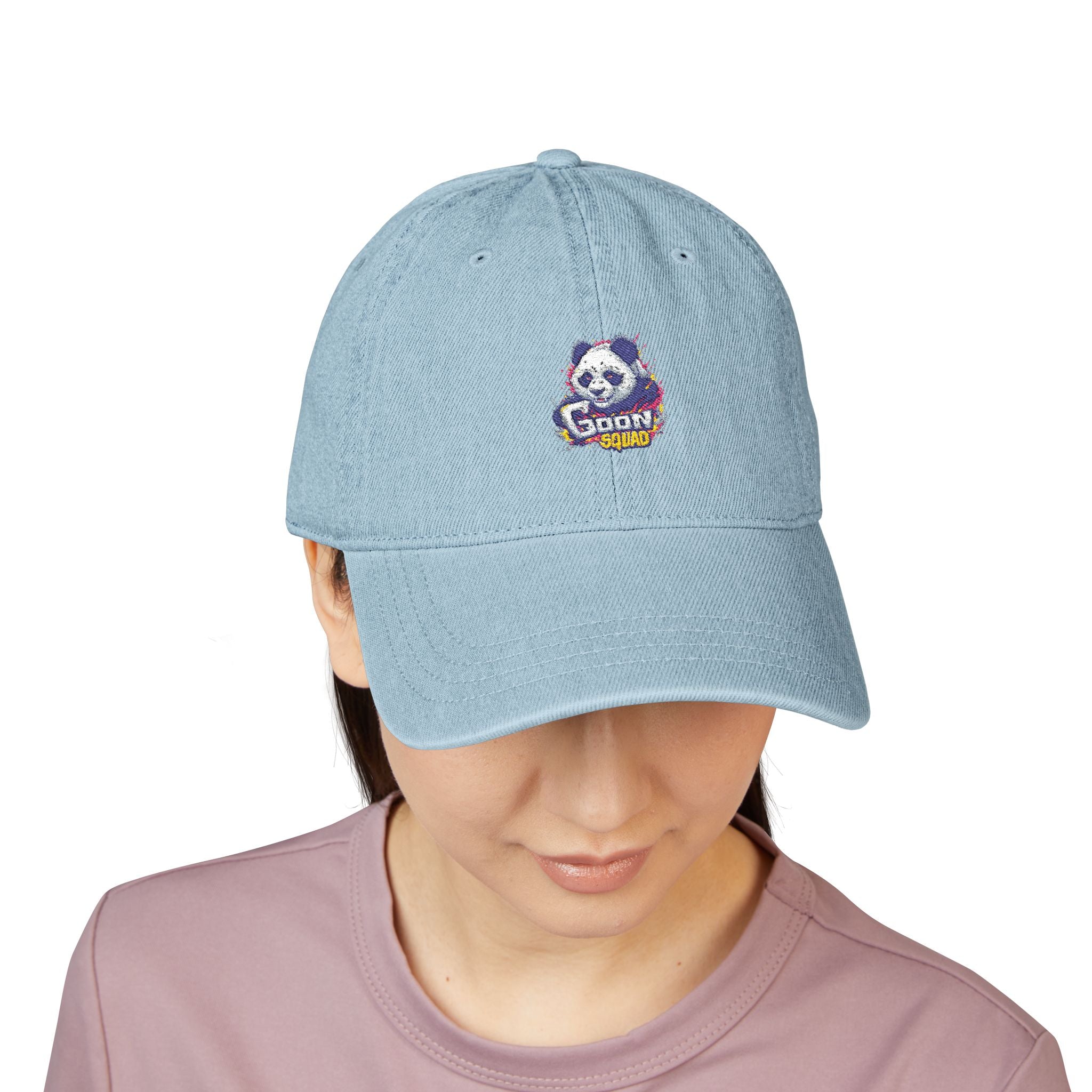 Embroidered Denim Hat — Retro Smiley Flame ‘Goon’ Adjustable Cap
