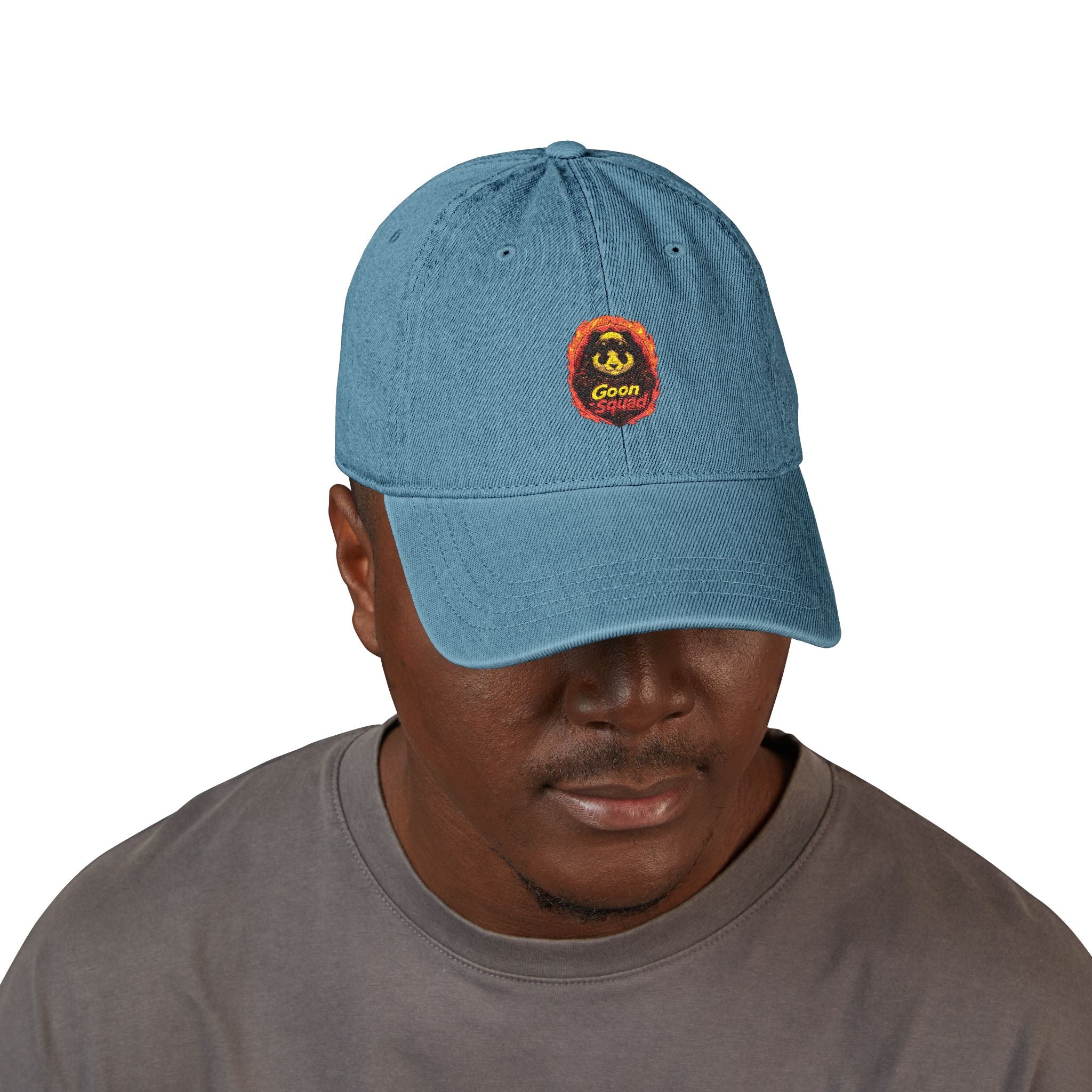 Embroidered Denim Hat — Retro Smiley Flame ‘Goon’ Adjustable Cap