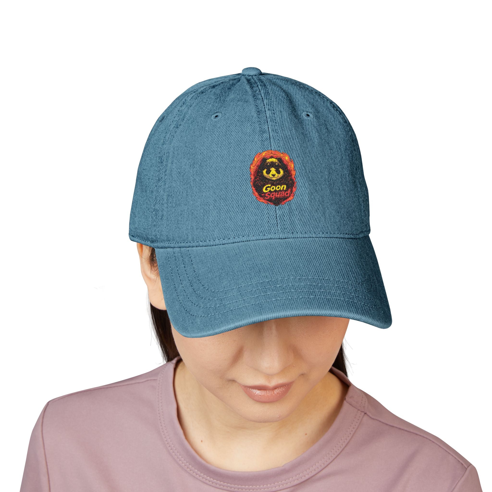 Embroidered Denim Hat — Retro Smiley Flame ‘Goon’ Adjustable Cap