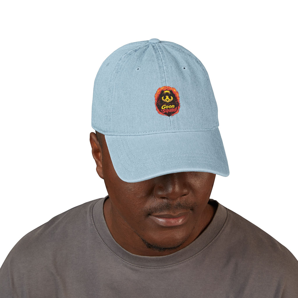 Embroidered Denim Hat — Retro Smiley Flame ‘Goon’ Adjustable Cap